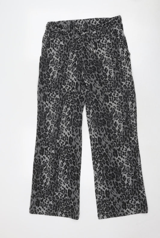 Marks and Spencer Womens Grey Animal Print Polyester Jogger Trousers Size 10 Regular Drawstring - Leopard Print