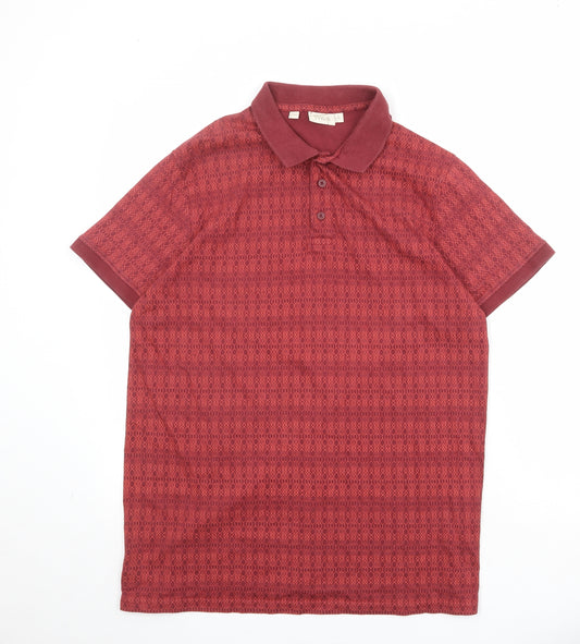 W&B Mens Red Geometric 100% Cotton Polo Size L Collared Button