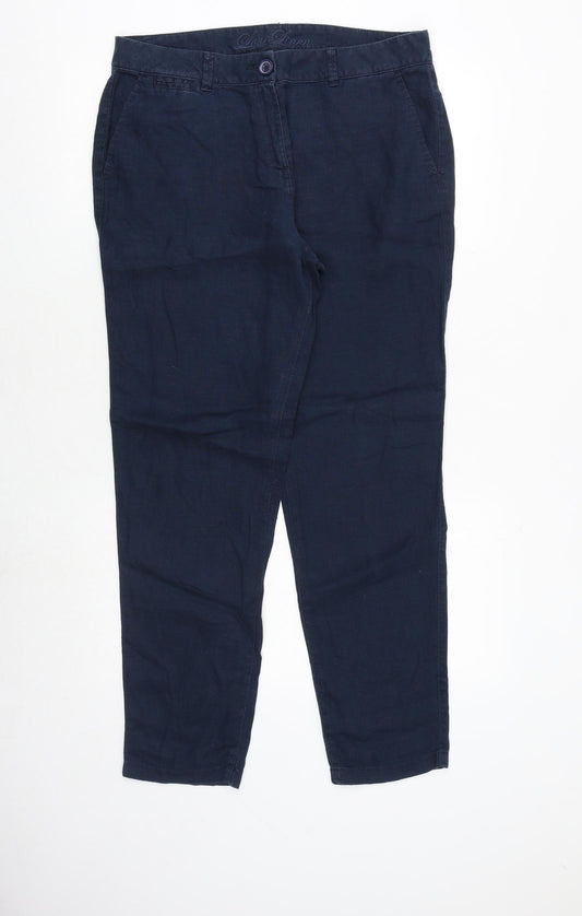 Marks and Spencer Womens Blue Linen Chino Trousers Size 12 Regular Zip
