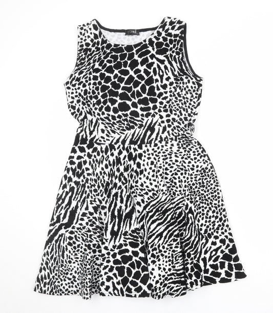 Club L Womens Black Animal Print Polyester Skater Dress Size 14 Round Neck Pullover - Leopard Zebra Pattern
