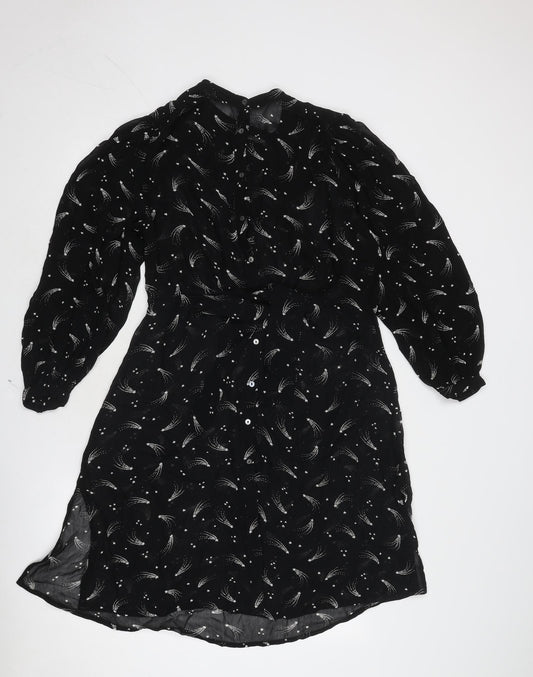 Monsoon Womens Black Geometric Polyester Fit & Flare Size 14 Round Neck Button - Shooting Star Pattern