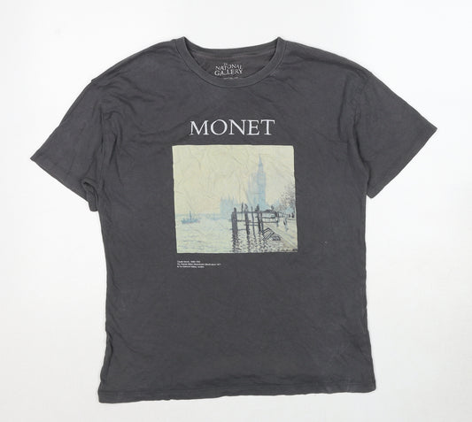 Pull&Bear Mens Grey Cotton T-Shirt Size S Round Neck - Monet The National Gallery