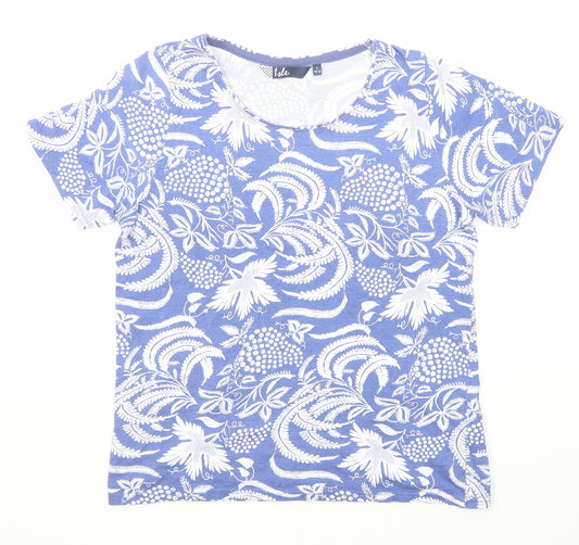EWM Womens Blue Geometric Cotton Basic T-Shirt Size 10 Boat Neck
