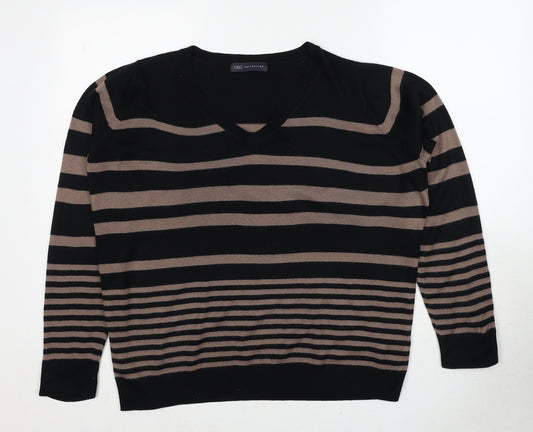 Marks and Spencer Womens Black V-Neck Striped Acrylic Pullover Jumper Size 16
