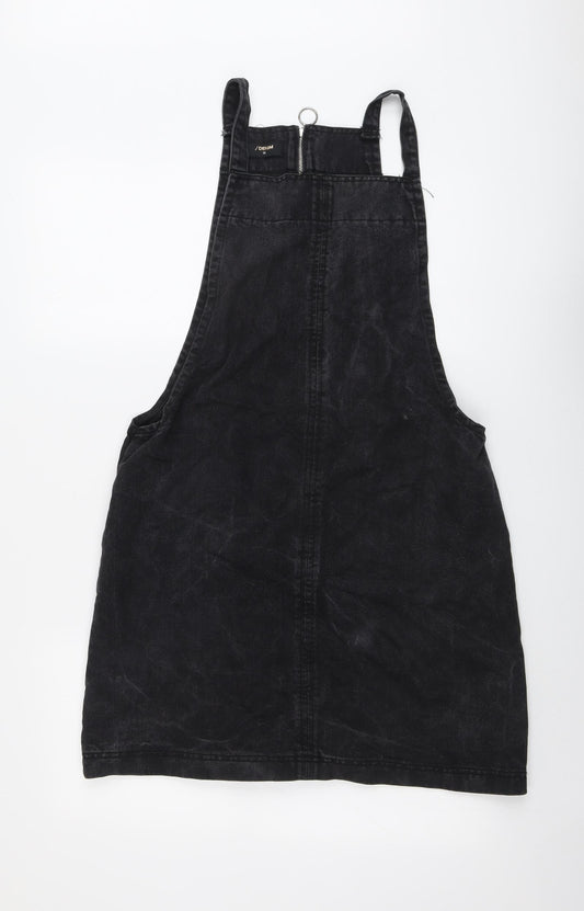 H&M Womens Black Cotton Pinafore/Dungaree Dress Size 14 Square Neck Zip