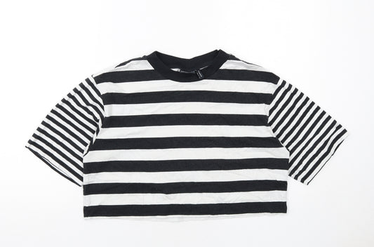 ASOS Womens Black Striped Cotton Cropped T-Shirt Size 10 Round Neck