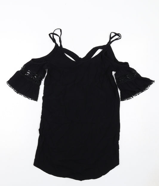Kiss the Sky Womens Black Viscose Basic Tank Size XS Round Neck - Cold Shoulder, Lace Detail