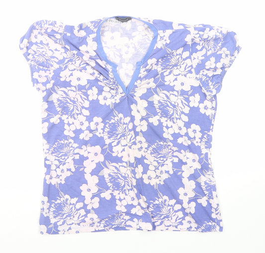 Eternal Womens Blue Floral Polyester Basic T-Shirt Size 10 V-Neck