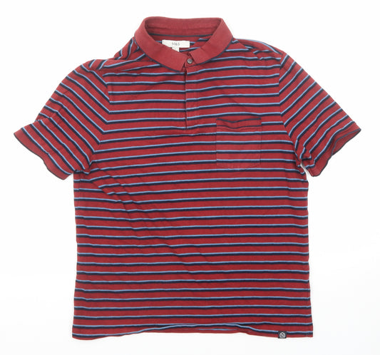 Marks and Spencer Mens Red Striped Cotton Polo Size L Collared Button