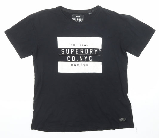 Superdry Womens Black Cotton Basic T-Shirt Size 10 Round Neck