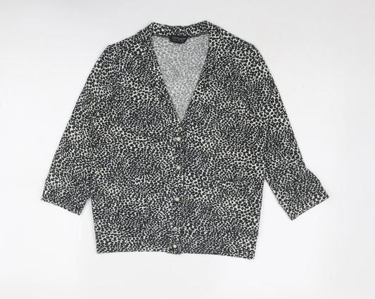 Topshop Womens Grey V-Neck Animal Print Acrylic Cardigan Jumper Size 12 - Leopard Pattern