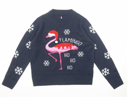 Threadbare Womens Blue Round Neck Acrylic Pullover Jumper Size M - Flamingo and Snowflakes Christmas