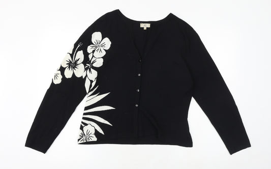 CC Womens Black V-Neck Floral Viscose Cardigan Jumper Size L