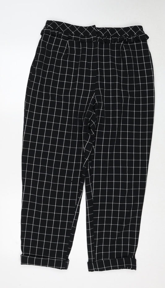 Topshop Womens Black Check Polyester Trousers Size 12 Regular Zip