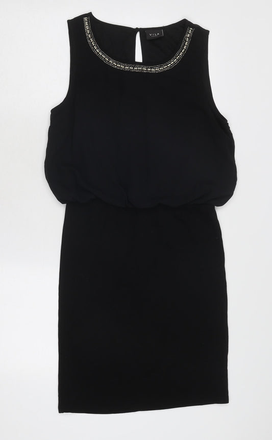VILA Womens Black Polyester A-Line Size S Round Neck Button