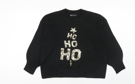 Marks and Spencer Womens Black Crew Neck Acrylic Pullover Jumper Size L - Ho Ho Ho Christmas