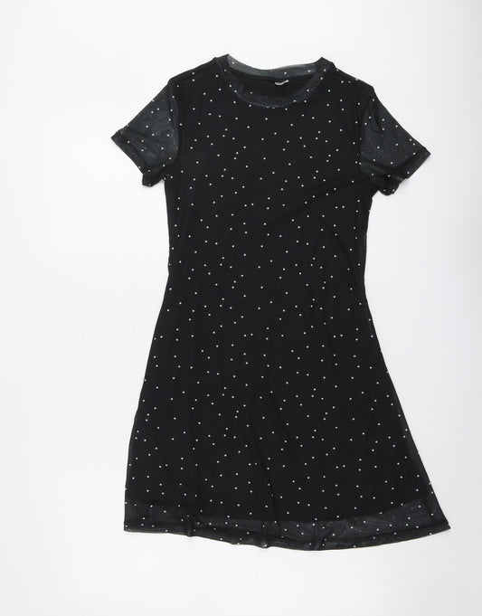 H&M Womens Black Polka Dot Polyester T-Shirt Dress Size S Round Neck Pullover