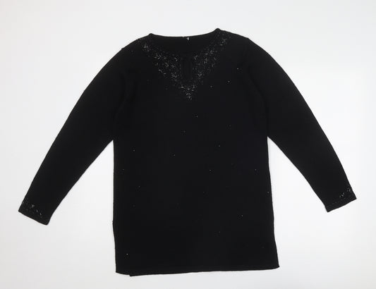 Marks and Spencer Womens Black Boat Neck Acrylic Pullover Jumper Size 10 - Embellished
