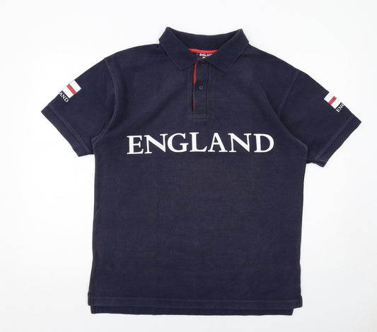 England Mens Blue Cotton Polo Size S Collared Button