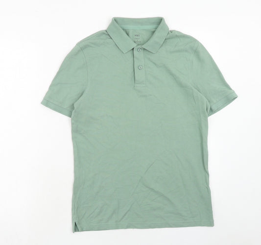 Marks and Spencer Mens Green Cotton Polo Size S Collared Button