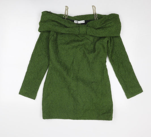 Zara Womens Green Acrylic Jumper Dress Size S Off the Shoulder Zip - Chain Strap