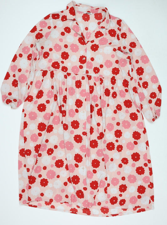 Monki Womens Pink Floral Polyester Shirt Dress Size XL Collared Button