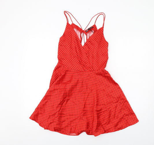 Zara Womens Red Polka Dot Polyester Skater Dress Size S V-Neck Zip
