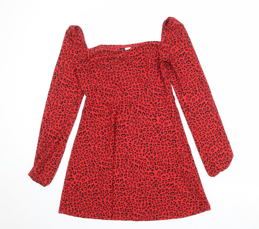 Divided by H&M Womens Red Animal Print Polyester A-Line Size 10 Sweetheart Zip - Leopard Print