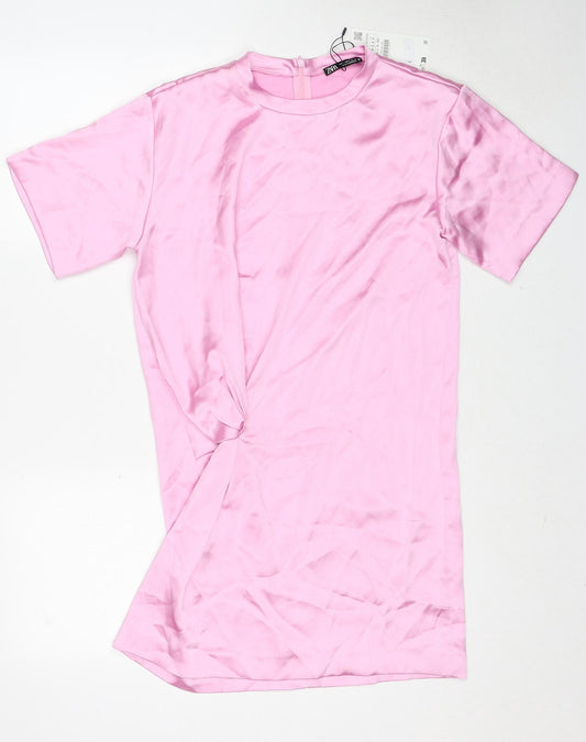 Zara Womens Pink Polyester T-Shirt Dress Size S Round Neck Zip - Twist Detail
