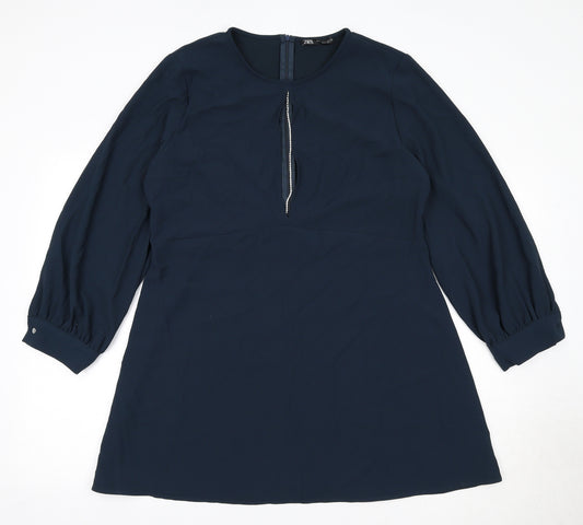 Zara Womens Blue Polyester A-Line Size XL Round Neck Zip
