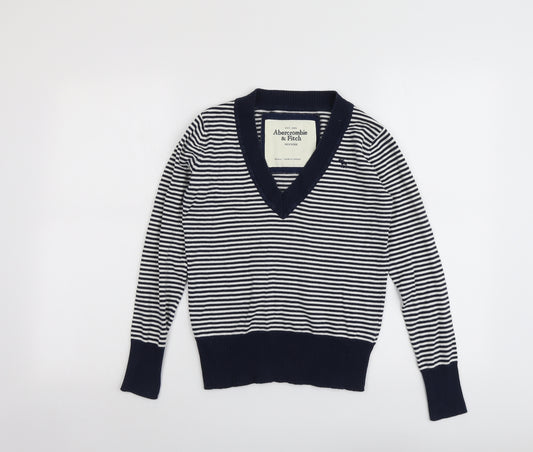 Abercrombie & Fitch Womens Blue V-Neck Striped Cotton Pullover Jumper Size S