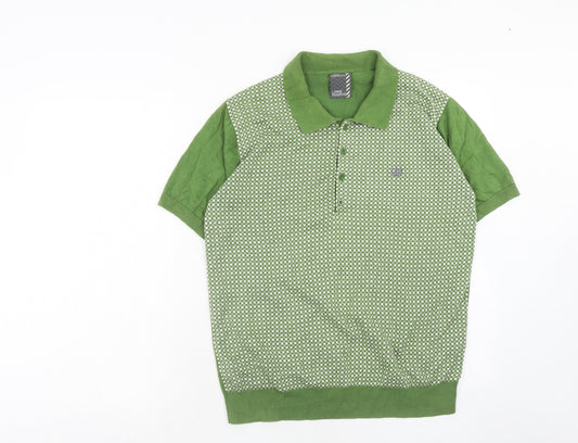 NEXT Mens Green Geometric Cotton Polo Size L Collared Button