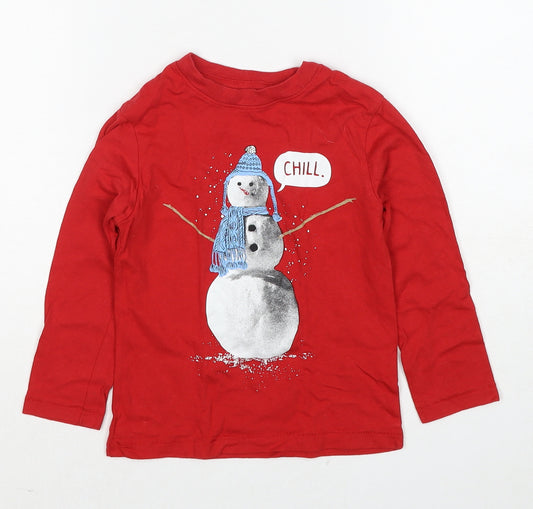 Gap Boys Red Cotton Basic T-Shirt Size 4 Years Round Neck Pullover - Snowman Christmas