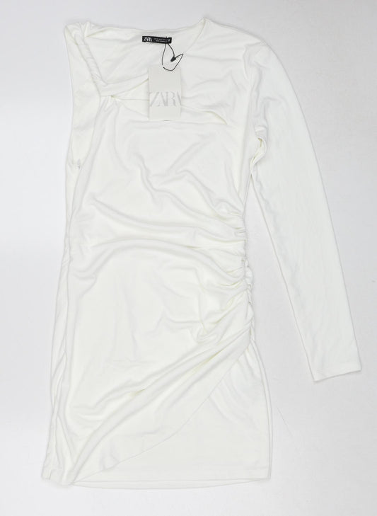 Zara Womens White Polyester Bodycon Size S V-Neck Zip