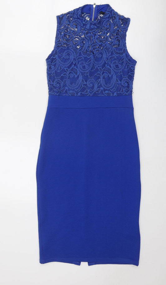 Quiz Womens Blue Nylon Bodycon Size 12 Round Neck Zip - Crocheted Lace Top