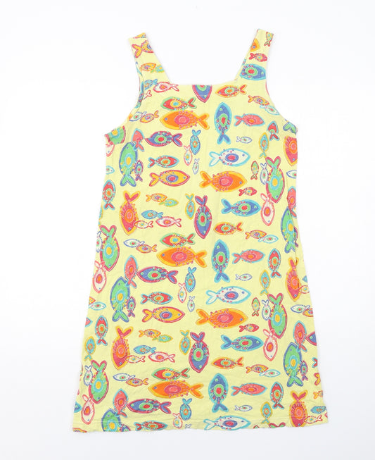 Fresh Produce Womens Yellow Geometric Cotton Pinafore/Dungaree Dress Size S Square Neck Pullover - Fish Pattern
