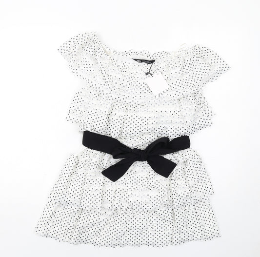 Zara Womens White Polka Dot Polyester Skater Dress Size S Round Neck Pullover