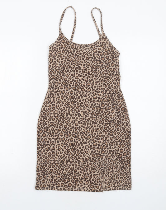 PRETTYLITTLETHING Womens Brown Animal Print Polyester Bodycon Size 8 Round Neck Pullover - Leopard Pattern