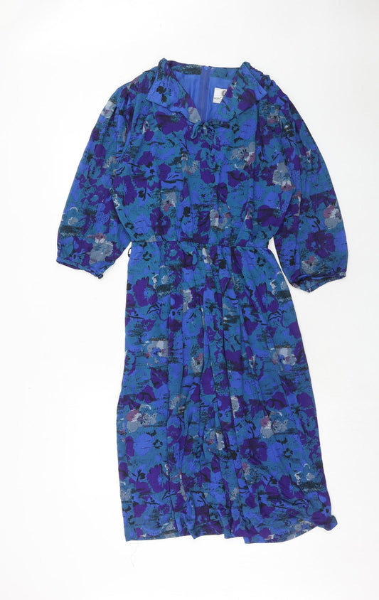 Von Gassler Womens Blue Floral Acetate A-Line Size 12 V-Neck Zip