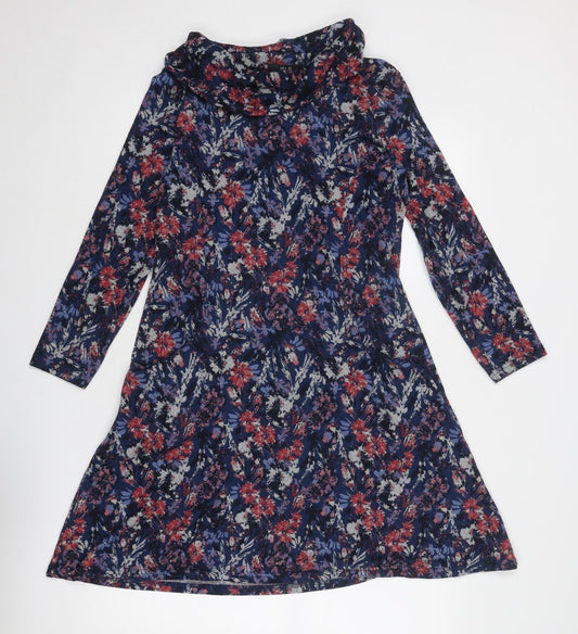 EWM Womens Blue Floral Polyester Jumper Dress Size 12 Roll Neck Pullover