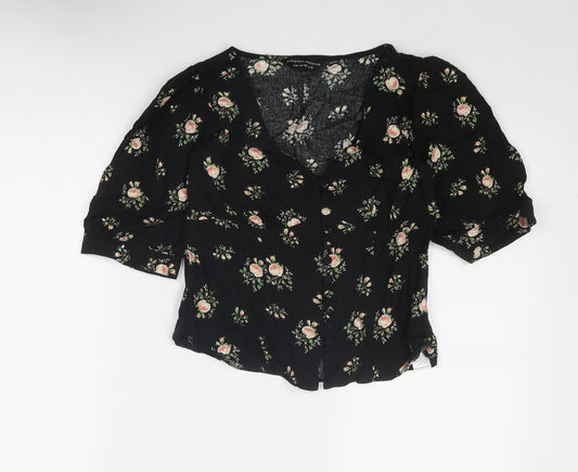 Dorothy Perkins Womens Black Floral Viscose Basic Button-Up Size 8 V-Neck