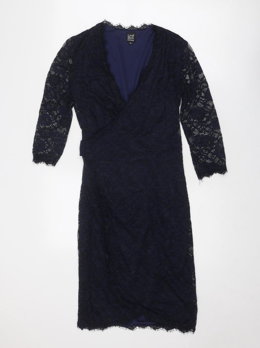 Little Black Dress Womens Blue Geometric Nylon A-Line Size 12 V-Neck Tie