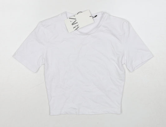 Zara Womens White Cotton Basic T-Shirt Size XS Round Neck