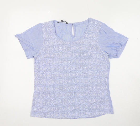 Laura Ashley Womens Blue Geometric Cotton Basic T-Shirt Size 8 Round Neck