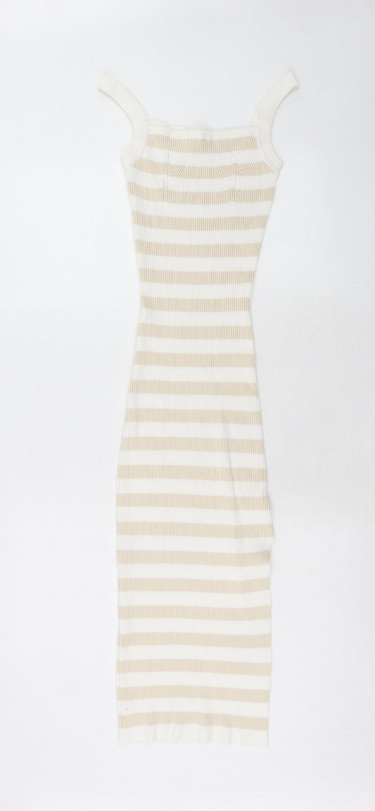 Giorgia Womens Beige Striped Viscose Bodycon Size S Square Neck Pullover