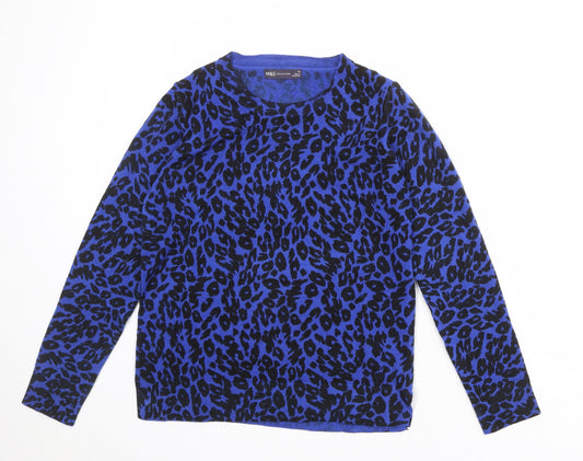 Marks and Spencer Womens Blue Round Neck Animal Print Acrylic Pullover Jumper Size 10 - Leopard Print