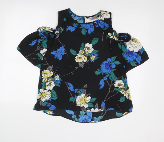 Dorothy Perkins Womens Black Floral Polyester Basic Blouse Size 12 Round Neck - Cold Shoulder