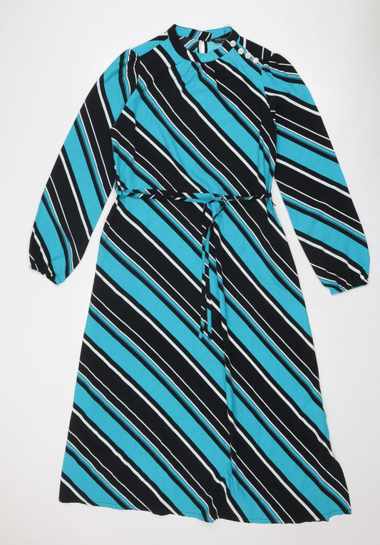 Marks and Spencer Womens Blue Striped Polyester Trapeze & Swing Size 8 Round Neck Button