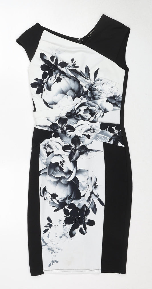 Lipsy Womens Black Floral Polyester Shift Size 10 V-Neck Zip