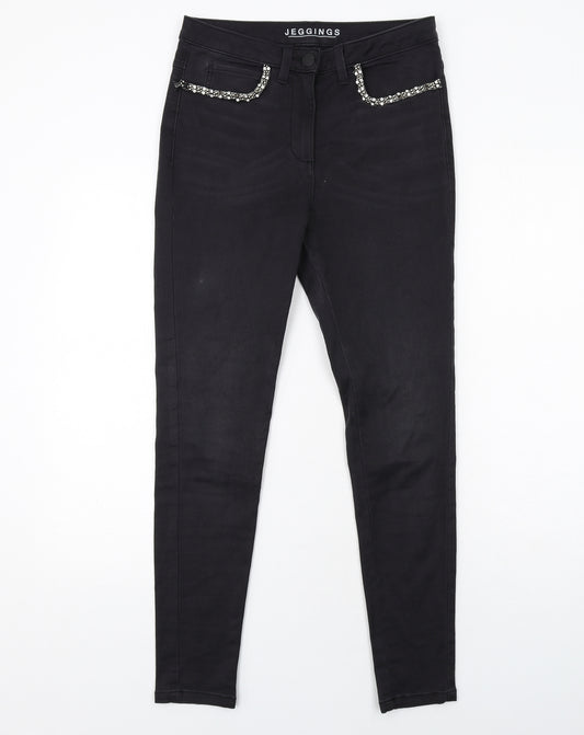 Marks and Spencer Womens Black Cotton Jegging Jeans Size 10 Regular Zip - Embellished Pockets